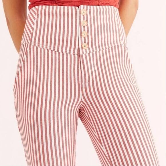 Free People Frankie Y2K High Rise Crop Pants 2 Red White Stripe Button Fly Twee - Picture 5 of 15